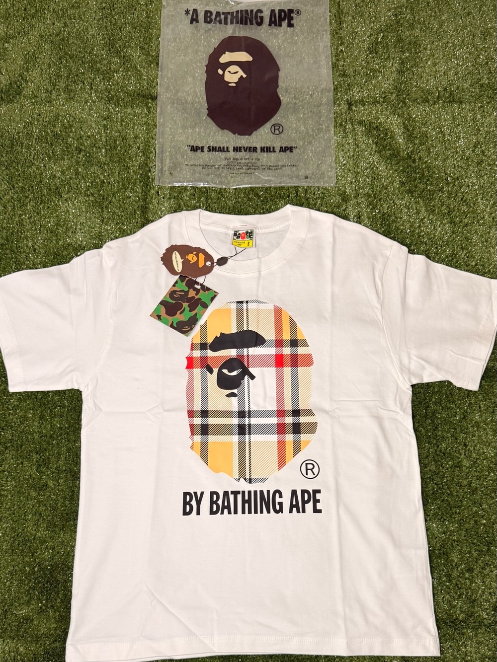 Bape White Tee with Yellow/Red/Black Plaid Ape Head